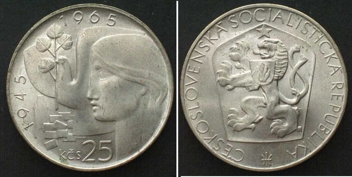 1965 CZECHOSLOVAKIA 25 Korun 1965, 20th ANN. of LIBERATION, silver UNC!