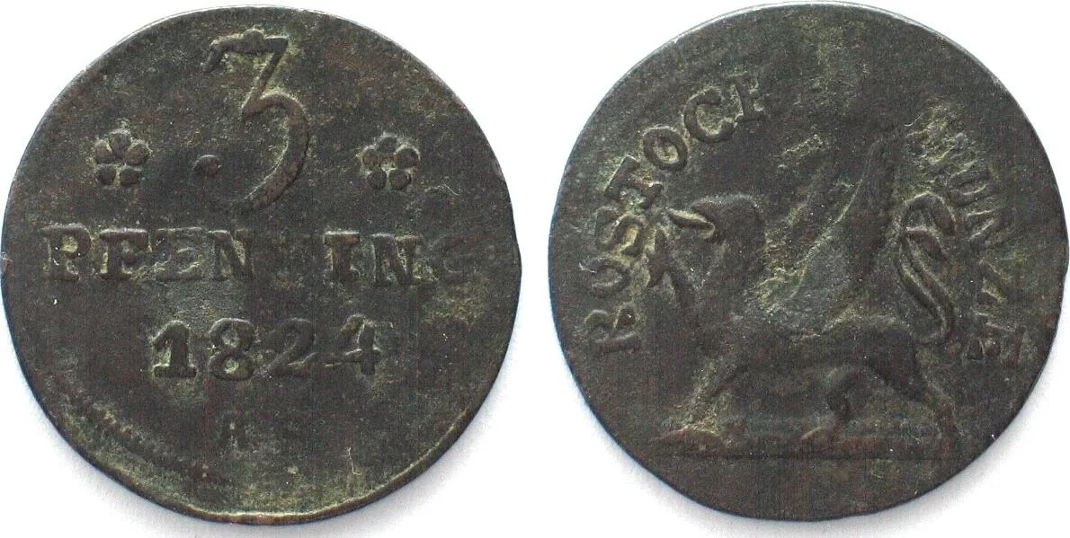 1824 Germany ROSTOCK 3 Pfennig 1824 AS copper VF-XF VF-EF