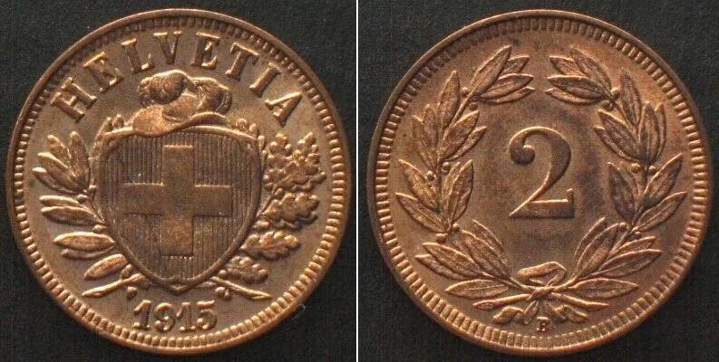 1915 SWITZERLAND. 2 Rappen 1915 B, bronze SPECIMEN