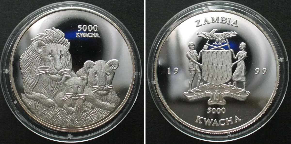 1999 ZAMBIA 5000 Kwacha 1999 Lions pride AFRICAN WILDLIFE silver 1 oz Proof SCARCE! Proof