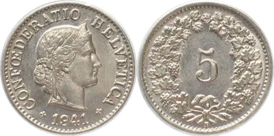 1941 SWITZERLAND 5 Rappen 1941 nickel UNC!