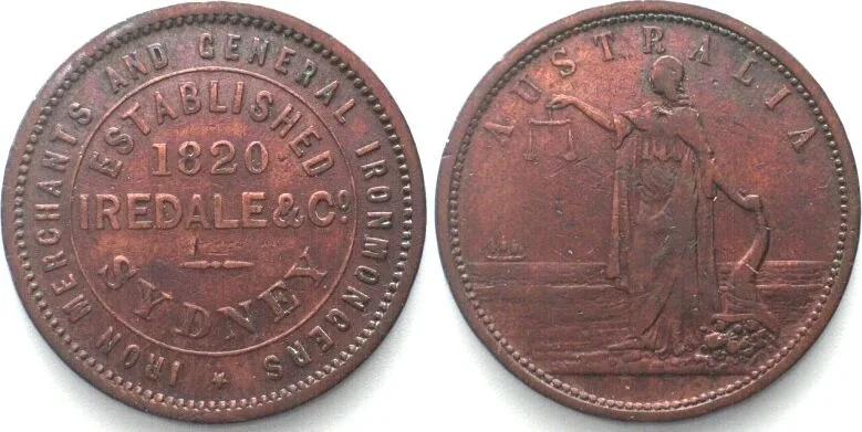 1820 AUSTRALIA. Penny Token 1820, IREDALE & Co., Sydney, copper, VF