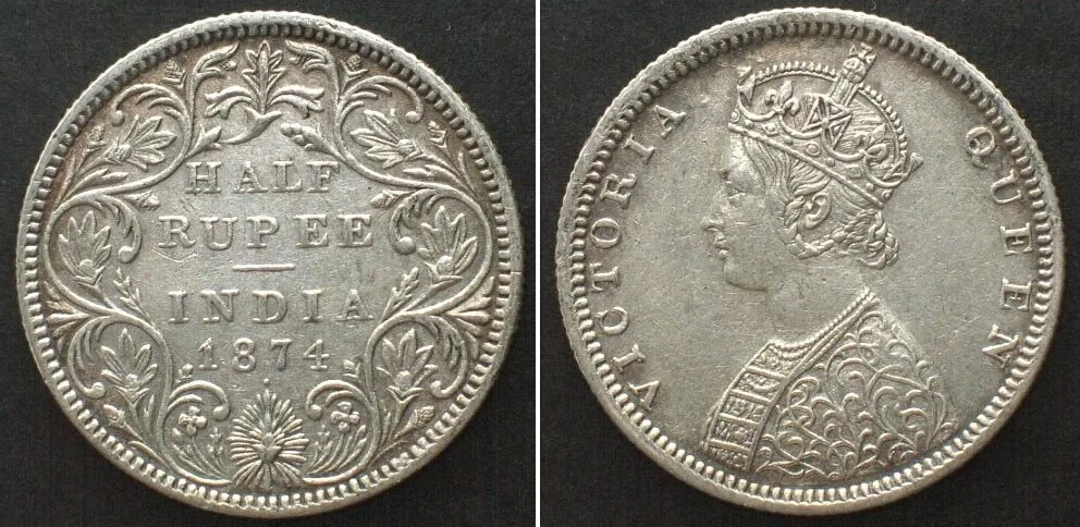 1874 BRITISH INDIA. 1/2 Rupee 1874 (b), Bombay mint, VICTORIA silver SCARCE! AU!