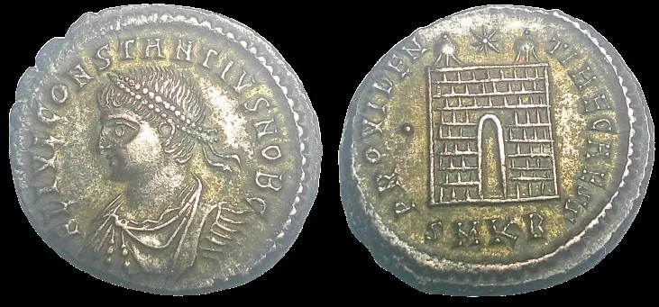 CONSTANTIUS II (Struck 327–328 AD) AE silvered 19.2mm, 3.0gm Follis. Struck at Cyzicus. (Almost 100% silvered toned)