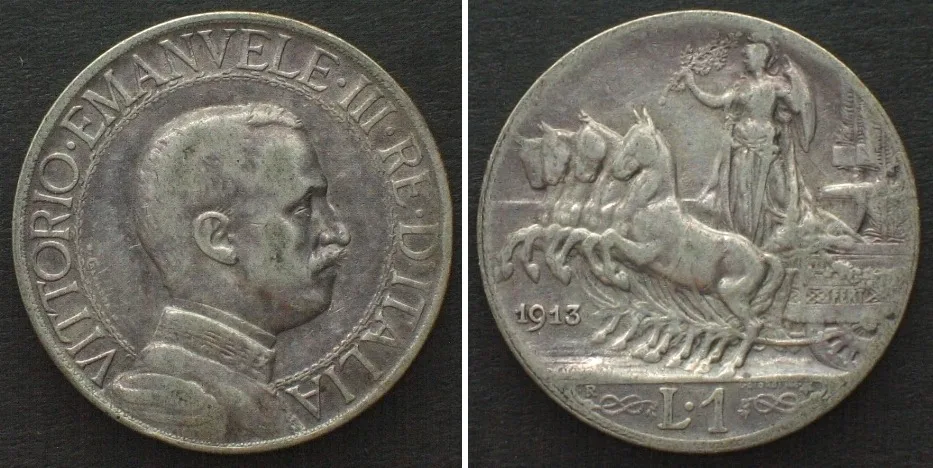1913 ITALY 1 Lira 1913 VITTORIO EMANUELE III silver VF+