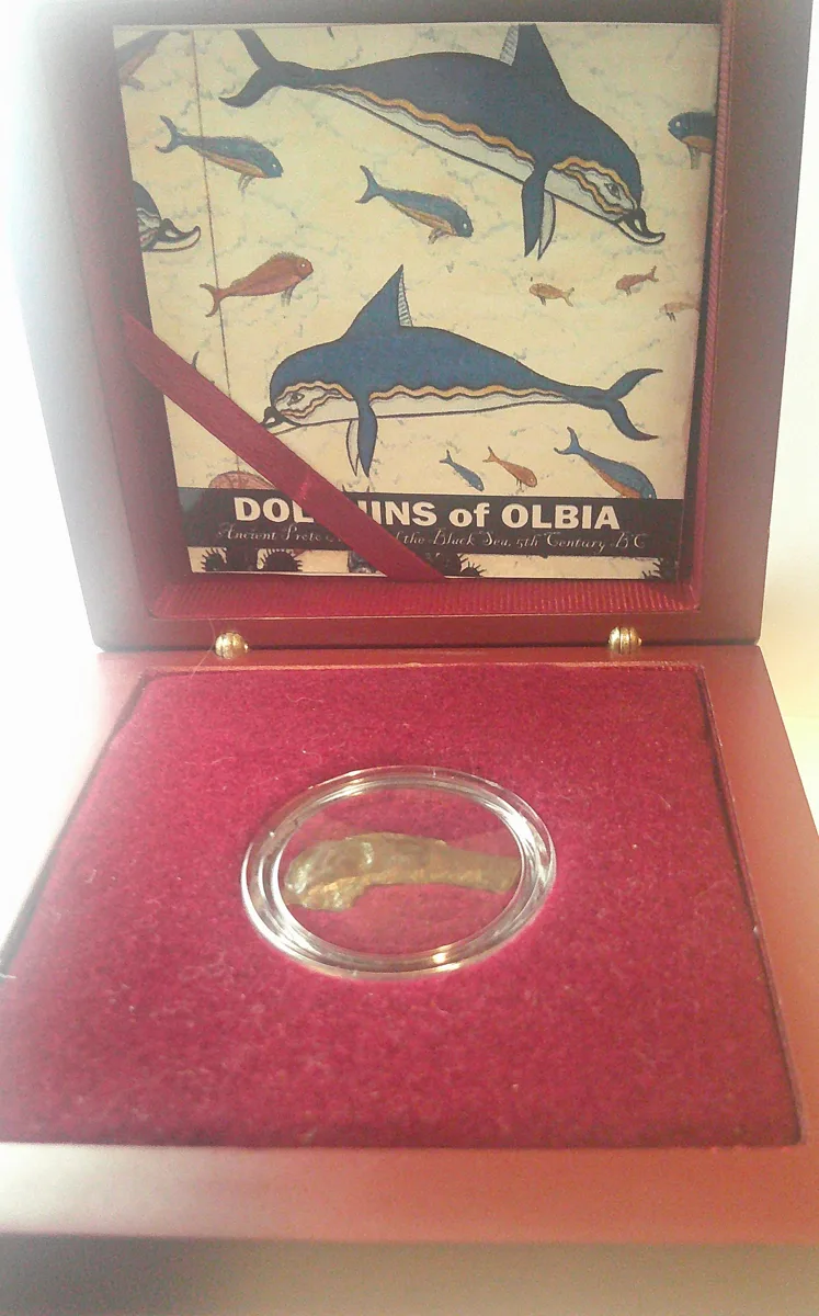 Dolphins of Olbia: Ancient Proto Money of the Black Sea, 5th Century BC, AE, 29mm 2.35 (Wooden Box) Really Nice, a lot of detail shown. Brown toned