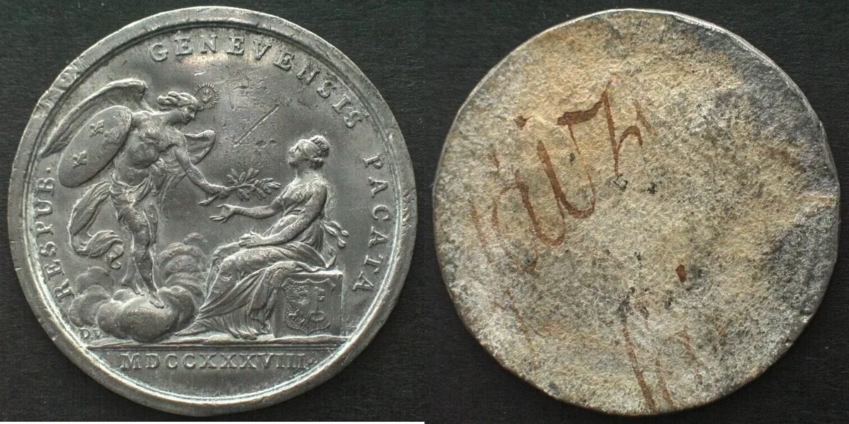 1738 GENEVA 1738 settlement of the internal unrest by Duvivier, UNIFACE TRIAL IN LEAD VF-EF
