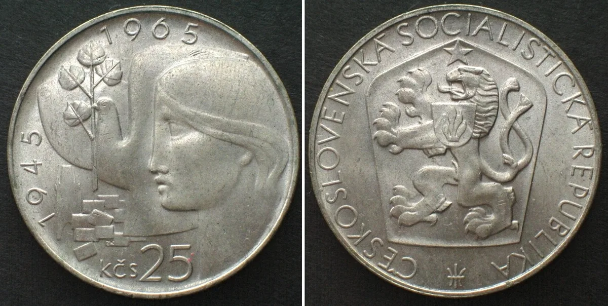 1965 CZECHOSLOVAKIA 25 Korun 1965, 20th ANN. of LIBERATION, silver BU!!!