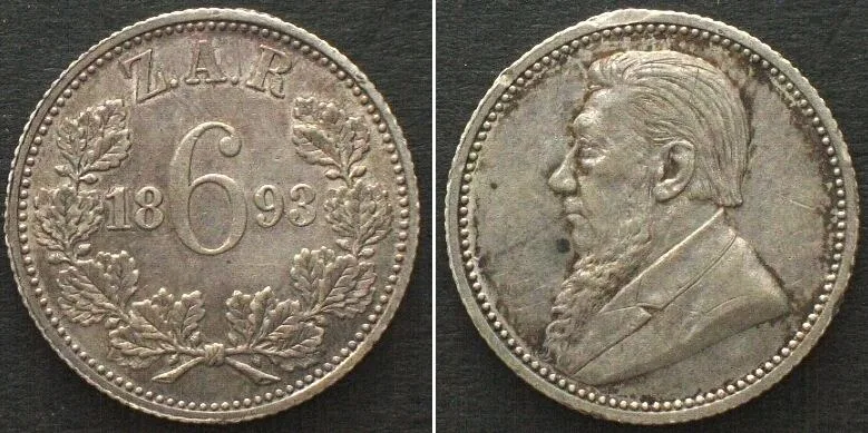 1893 SOUTH AFRICA 6 Pence 1893 KRUGER silver SCARCE DATE! AU!