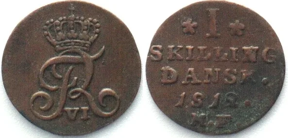 1812 DENMARK. 1 Skilling 1812 MF, FREDERIK VI billon VF+