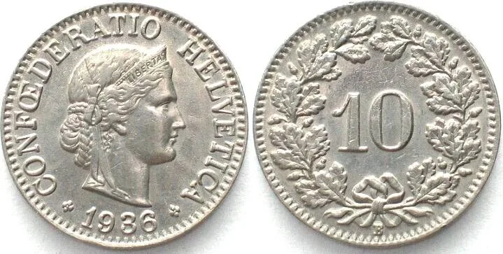1936 SWITZERLAND 10 Rappen 1936 nickel UNC-!