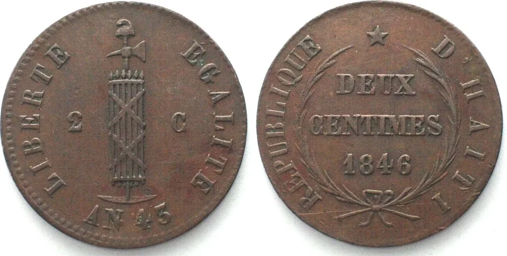 1846 HAITI. 2 Centimes 1846 // AN 43 copper XF! EF