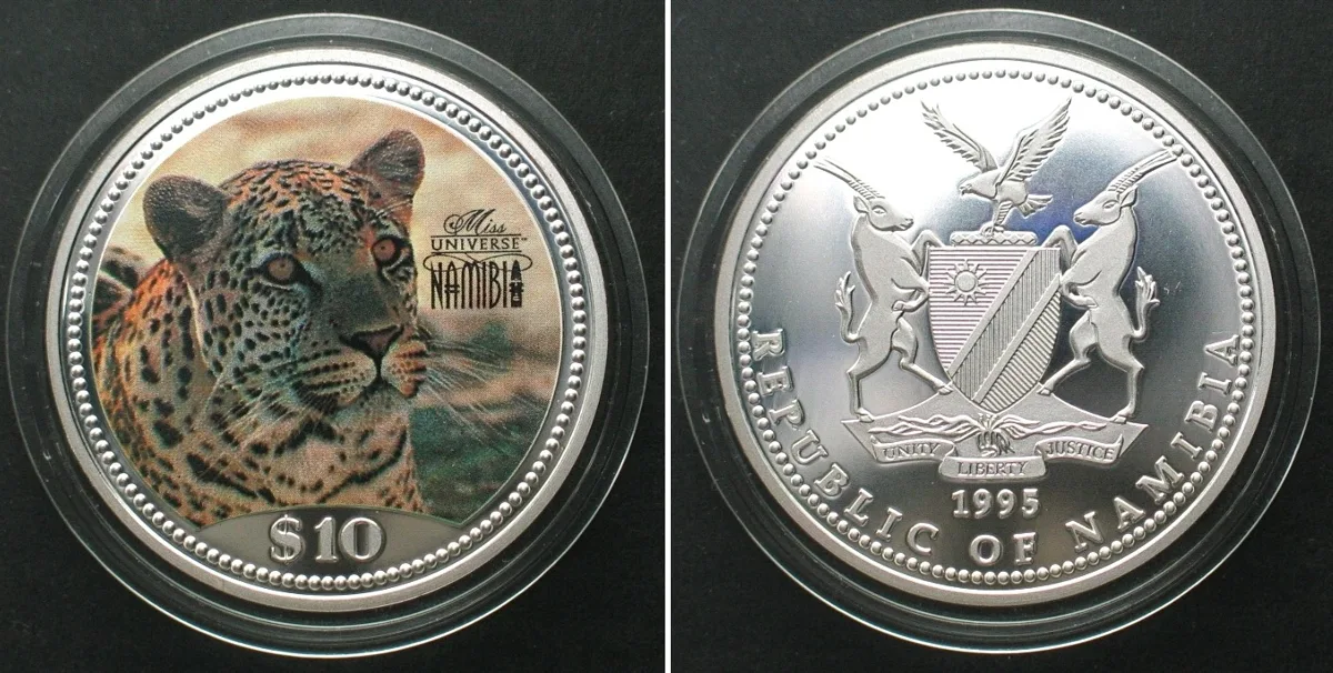 1995 NAMIBIA 10 Dollars 1995 Leopard MISS UNIVERSE silver Proof RARE! Proof