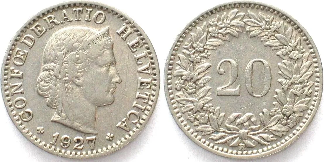 1927 SWITZERLAND 20 Rappen 1927 nickel XF! EF