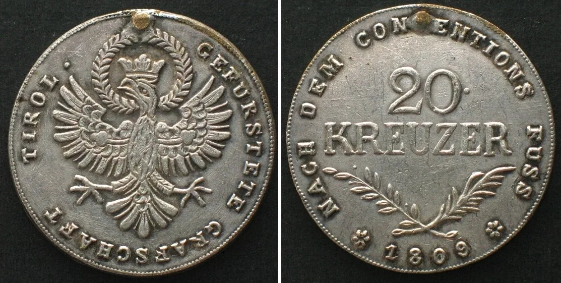 1809 AUSTRIA - TYROL 20 Kreuzer 1809 INSURRECTION - Copy by Lauer, Nuremberg c.1890 EF