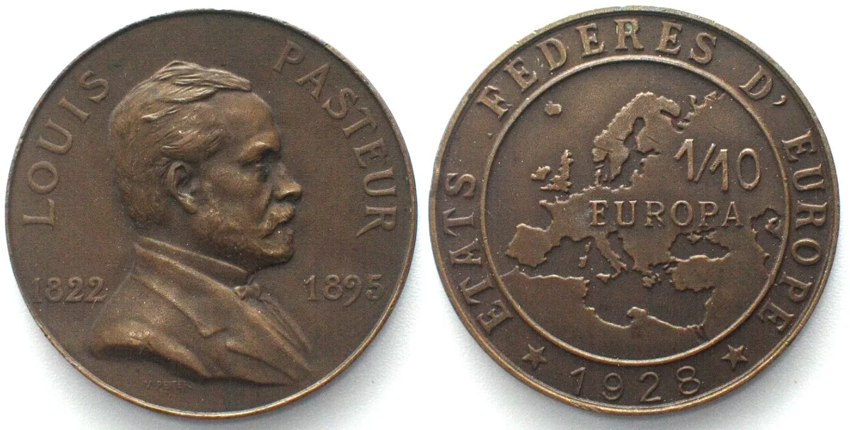 1928 FEDERATED STATES OF EUROPE. 1/10 Europa 1928, LOUIS PASTEUR, bronze AU