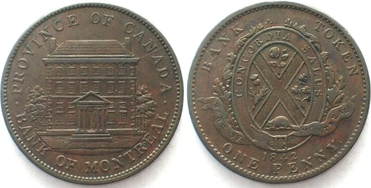 1842 LOWER CANADA 1842 Penny token BANK OF MONTREAL 2 Sous copper AU!