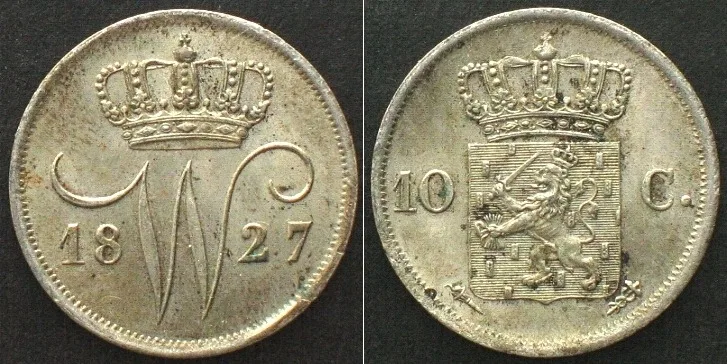 1827 NETHERLANDS 10 Cents 1827, WILLEM I, silver UNC-!