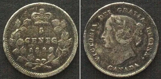1899 CANADA 5 Cents 1899 - small 9 variety - VICTORIA silver VF+