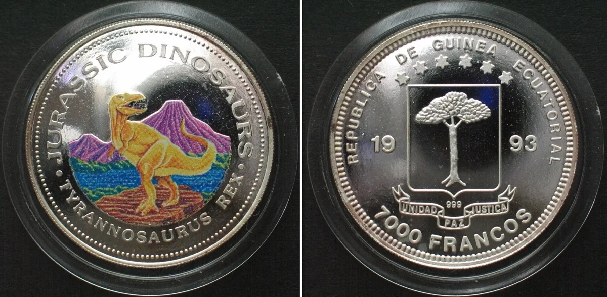 1993 EQUATORIAL GUINEA 7000 Francos 1993 Tyrannosaurus DINOSAURS silver COLORED Proof