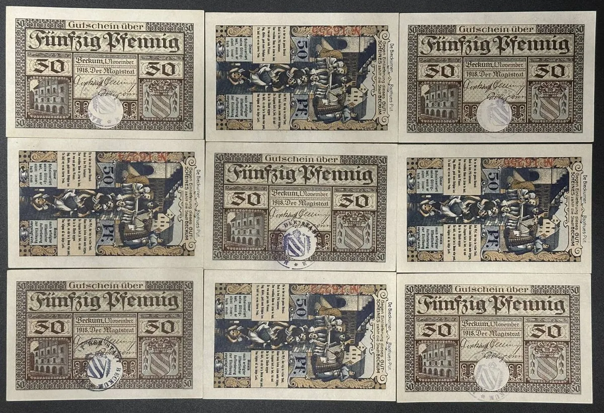 1918 GERMANY. Notgeld. BECKUM 9 x 50 Pfennig 1918 UNC