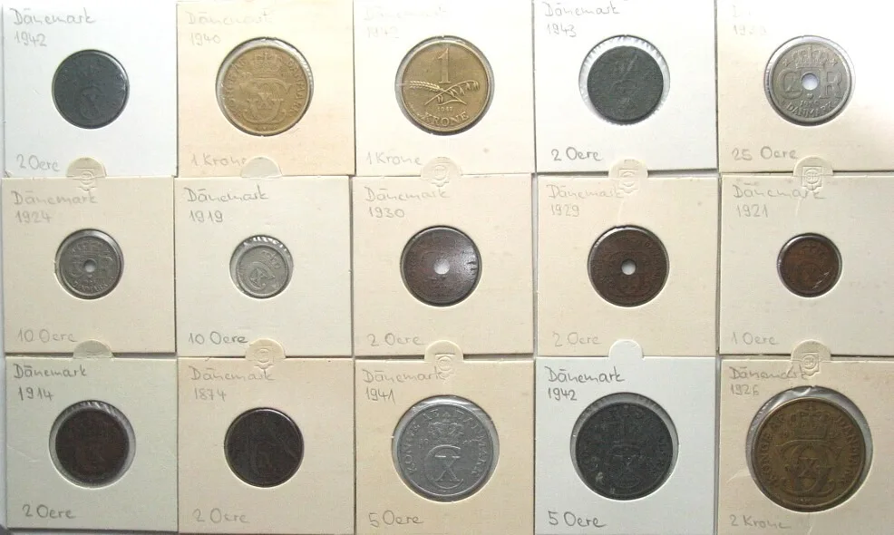 1874-1943 DENMARK Collection of 15 coins 1874-1943