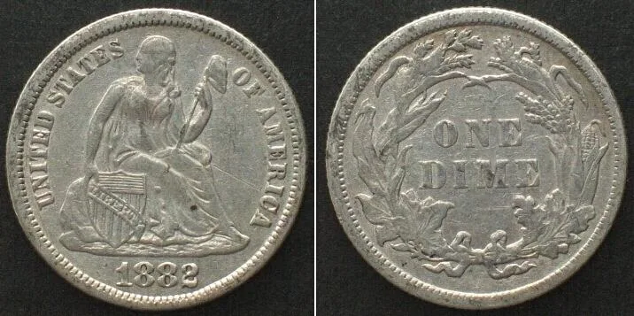 1882 US 1882 Philadelphia mint SEATED LIBERTY DIME silver VF+