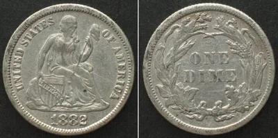 1882 US 1882 Philadelphia mint SEATED LIBERTY DIME silver VF+