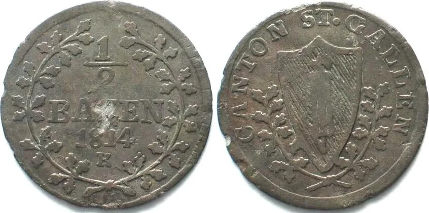 1814 Swiss Cantona SAINT GALL Canton. 1/2 Batzen 1814 billon VF