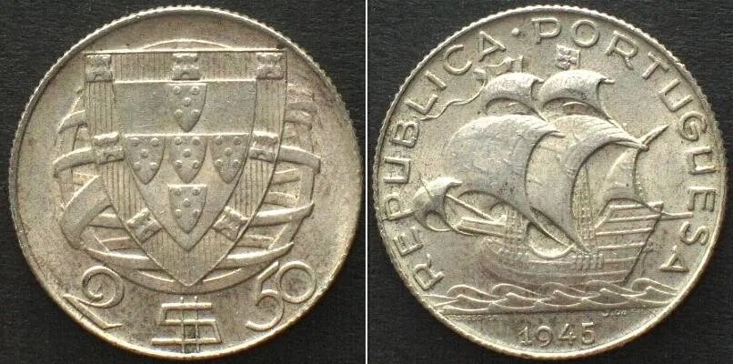 1945 PORTUGAL 2-1/2 Escudos 1945 SHIP silver UNC!