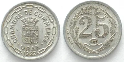 1922 ALGERIA - ORAN 25 centimes 1922 Alu AU!