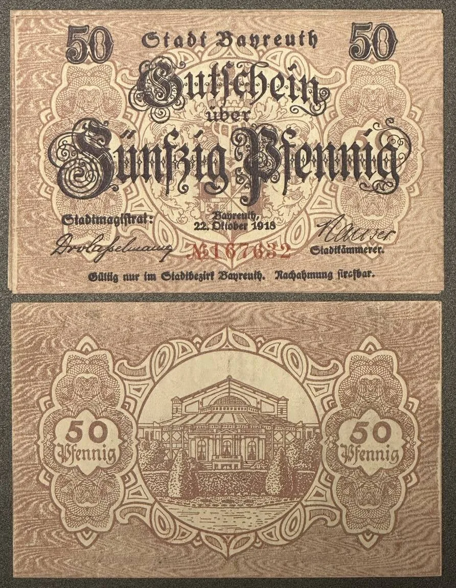 1918 GERMANY. Notgeld. BAYREUTH. 6 x 50 Pfennig 1918 UNC