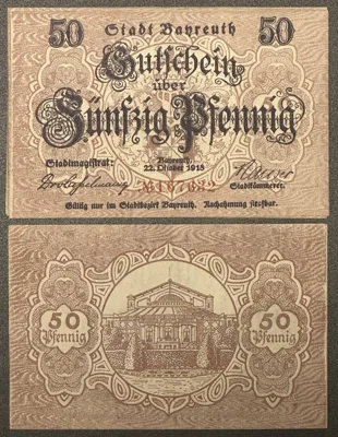 1918 GERMANY. Notgeld. BAYREUTH. 6 x 50 Pfennig 1918 UNC