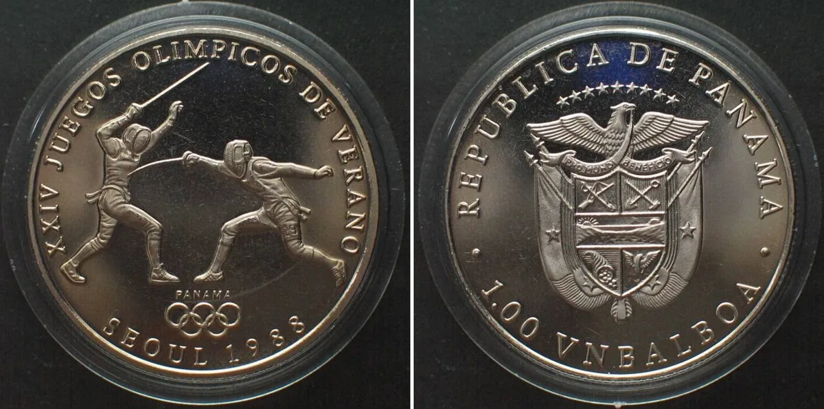 1988 PANAMA 1 VN Balboa 1988 Fencing OLYMPICS SEOUL Cu-Ni Proof