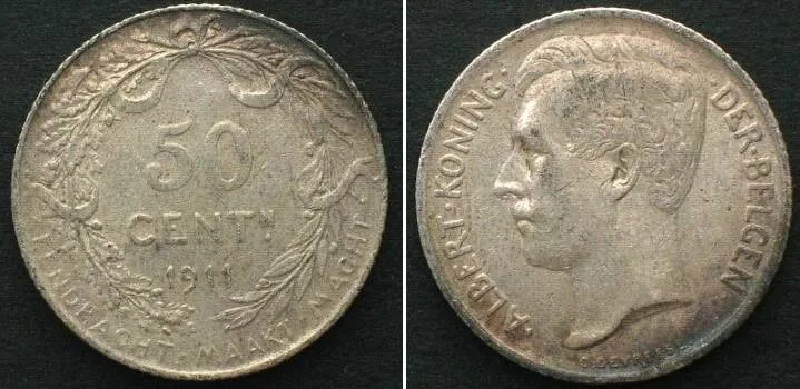 1911 BELGIUM 50 Centimes 1911 - DUTCH - ALBERT I, silver, AU!