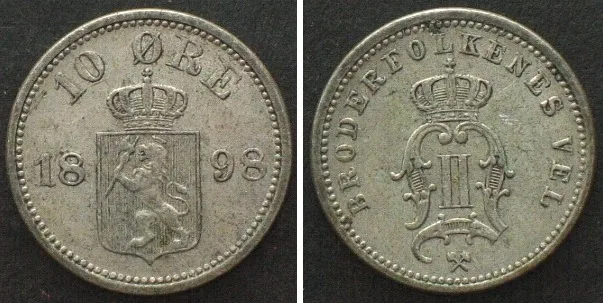 1898 NORWAY. 10 Ore 1898, OSCAR II, silver AU!