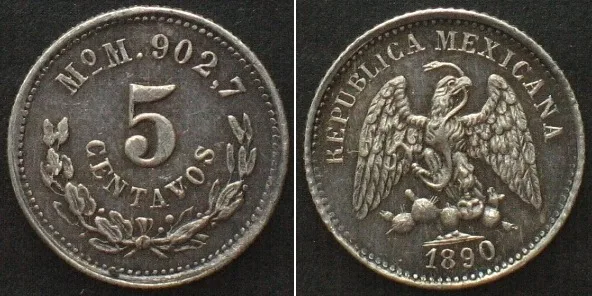 1890 MEXICO. 5 Centavos 1890 Mo M, Mexico City, silver, Prooflike Specimen Prooflike