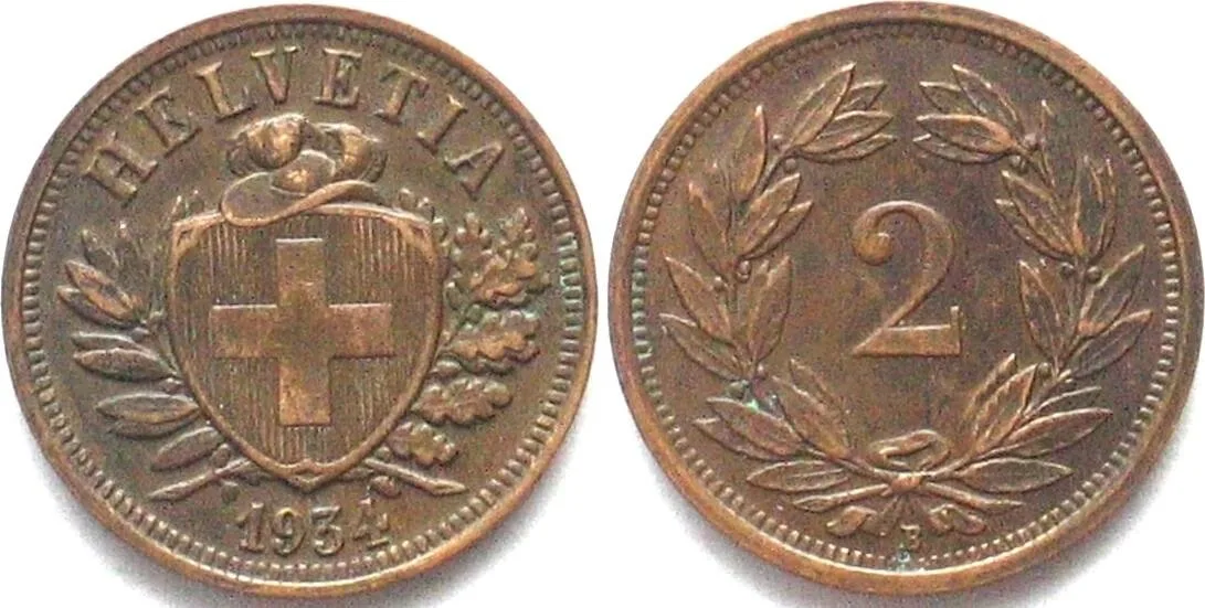 1934 SWITZERLAND 2 Rappen 1934 bronze SCARCE DATE! XF! EF