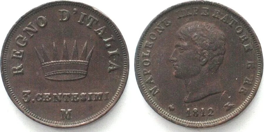 1812 Italy KINGDOM of NAPOLEON 3 Centesimi 1812 M, Milan mint, copper, AU!