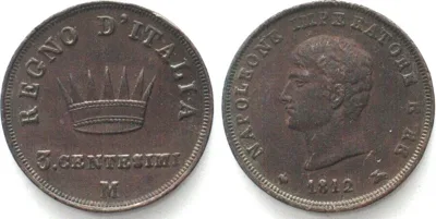 1812 Italy KINGDOM of NAPOLEON 3 Centesimi 1812 M, Milan mint, copper, AU!