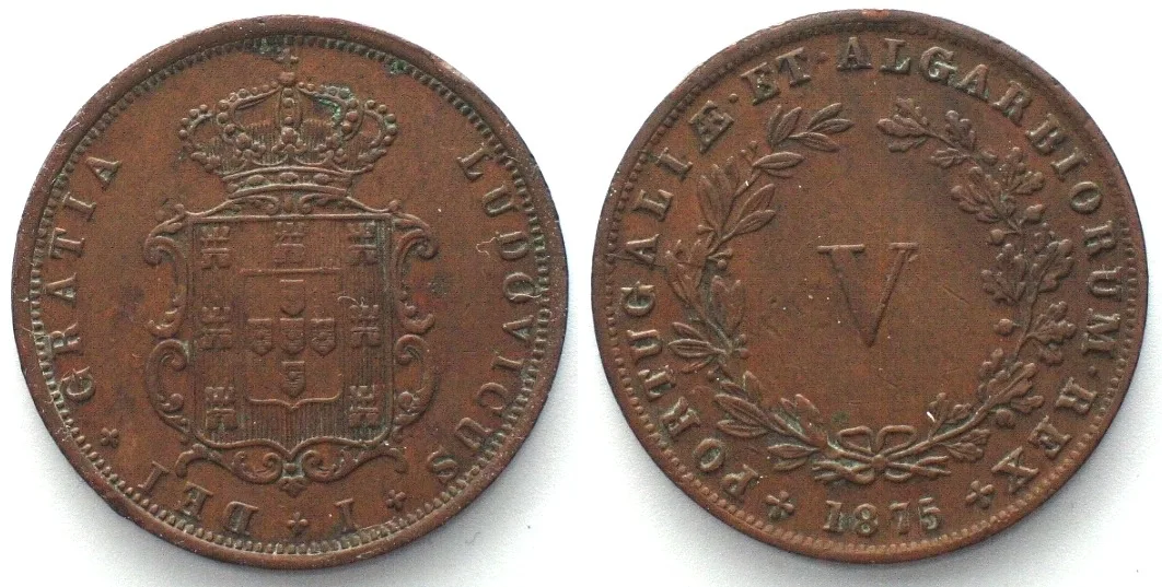 1875 PORTUGAL 5 Reis 1875 LUIZ I copper XF EF