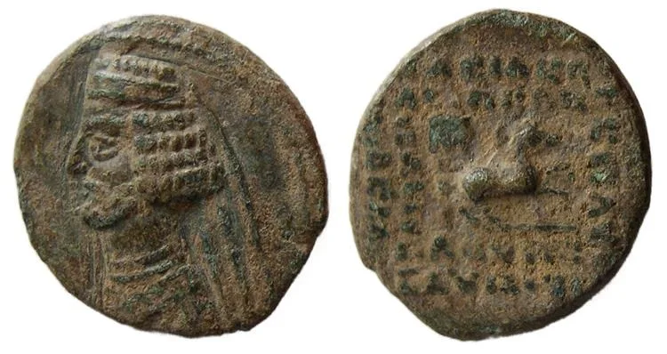 KINGS of PARTHIA, Mithradates IV, 58/7-55 BC. Æ Chalkon. Choice VF. Original find patina