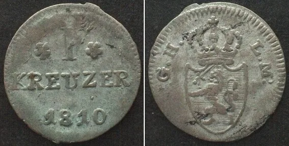 1810 German States HESSE-DARMSTADT. 1 Kreuzer 1810, LUDWIG I, billon AU!