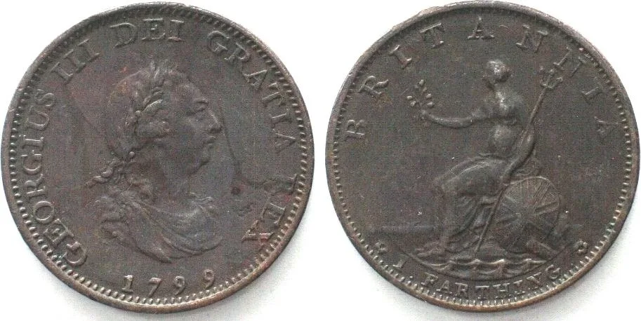 1799 GREAT BRITAIN. Farthing 1799, GEORGE III, copper XF! EF