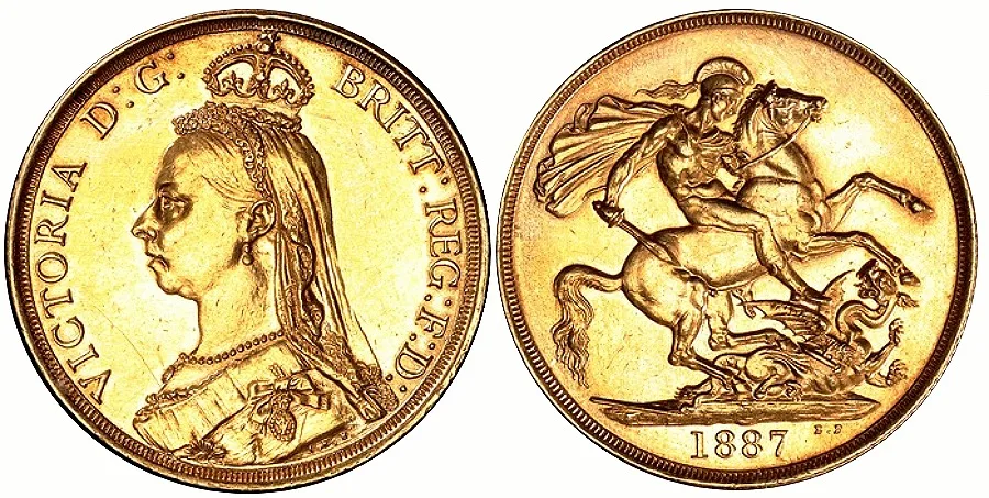 1887 Great Britain, Victoria Jubilee head, two Pounds in aUNC