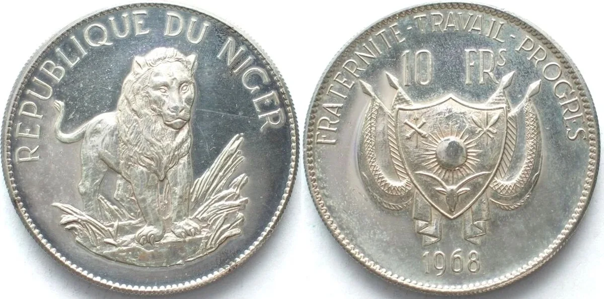 1968 NIGER - TRIAL STRIKE 10 Francs 1968 LION silver - NO PROOF - RARE! Prooflike