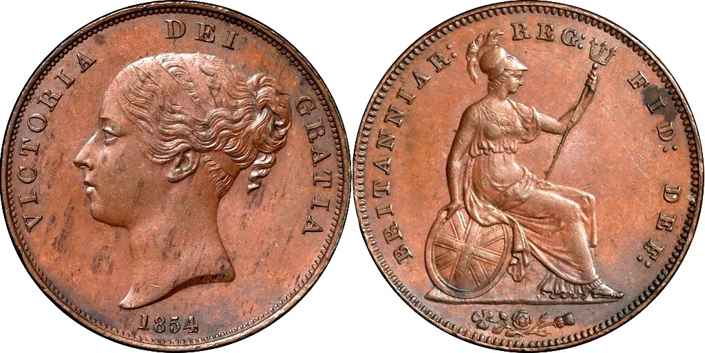 1854 Great Britain, Victoria 1st head, Large Penny in nUNC toned
