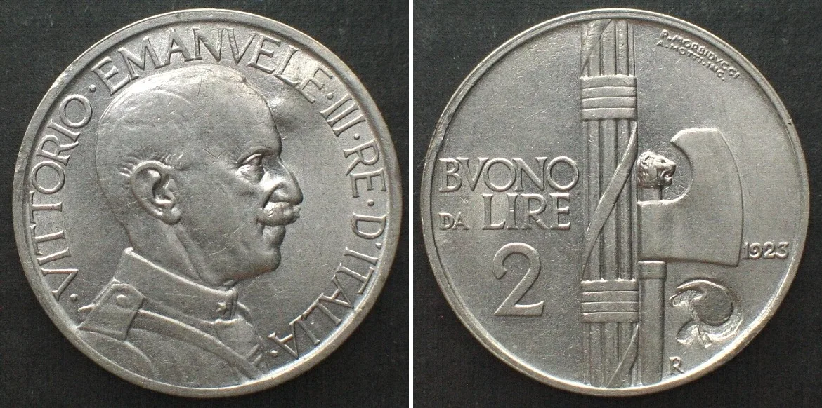 1923 ITALY. 2 Lire 1923 - Hammer and sickle countermark - nickel UNC-!