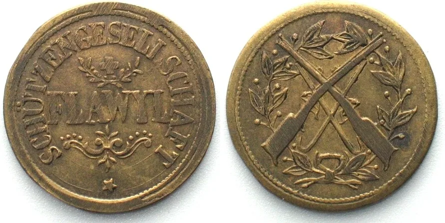 1801-1900 Swiss ST. GALL Shooting Jeton ND(19th cent.) FLYWYL SHOOTING SOCIETY brass AU!