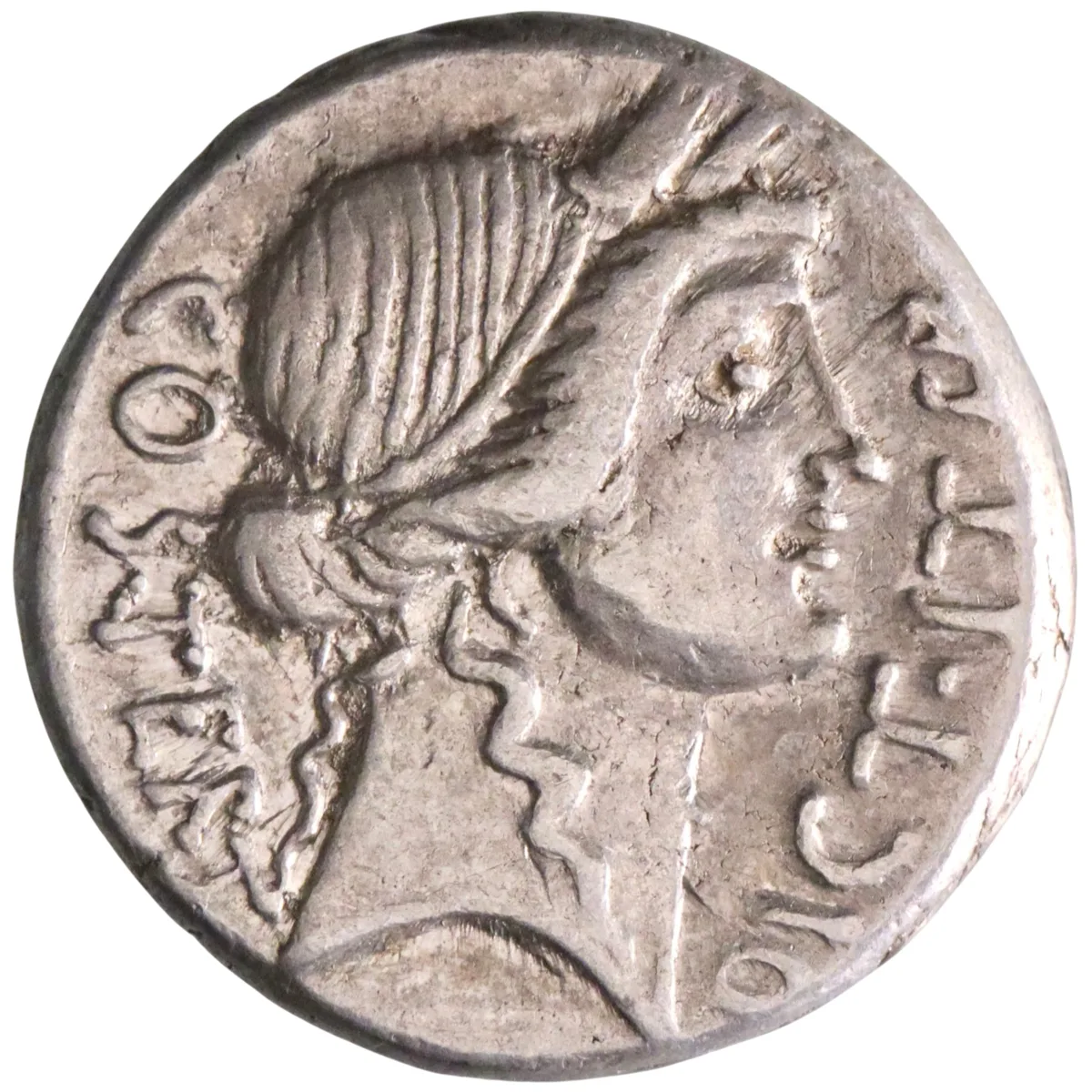 Roman Imperatorial: Julius Caesar, as dictator (49-44 BCE), silver denarius (3.76g), military mint in North Africa, 46 BCE. Head of Ceres / Symbols of the pontificate.